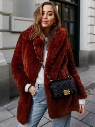 Faux Fur Coats Lange Ærmer Casual Coat Oversized Turndown Krave Abrikos Dame Frakke