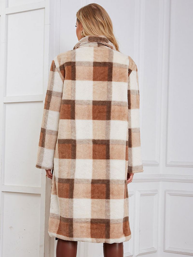 Faux Fur Coats Plaid Vinter Ydertøj Til Kvinder - Dyb Lys Gul