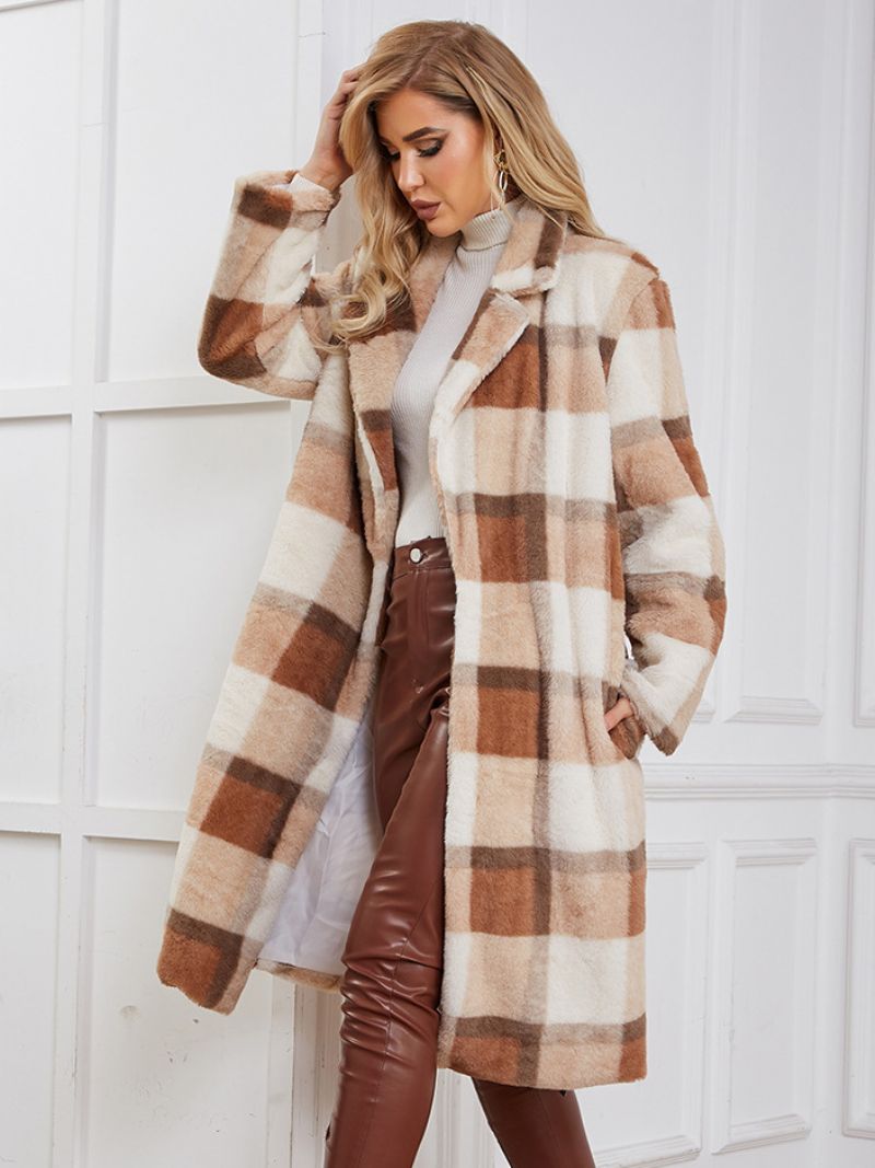 Faux Fur Coats Plaid Vinter Ydertøj Til Kvinder - Dyb Lys Gul