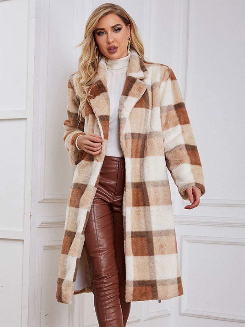 Faux Fur Coats Plaid Vinter Ydertøj Til Kvinder - Dyb Lys Gul