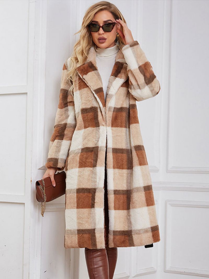 Faux Fur Coats Plaid Vinter Ydertøj Til Kvinder - Dyb Lys Gul