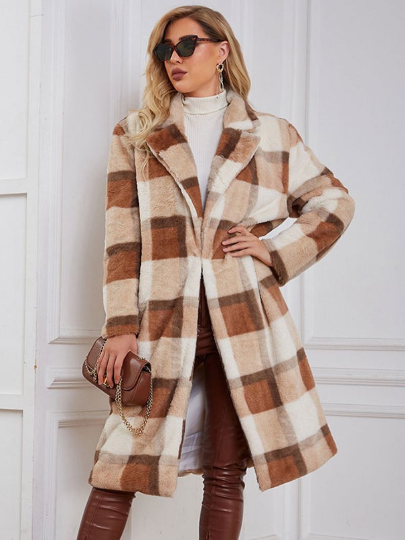 Faux Fur Coats Plaid Vinter Ydertøj Til Kvinder - Dyb Lys Gul