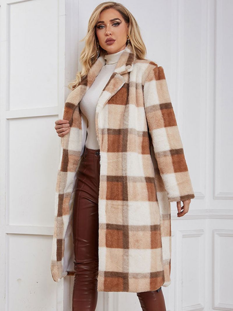 Faux Fur Coats Plaid Vinter Ydertøj Til Kvinder - Dyb Lys Gul