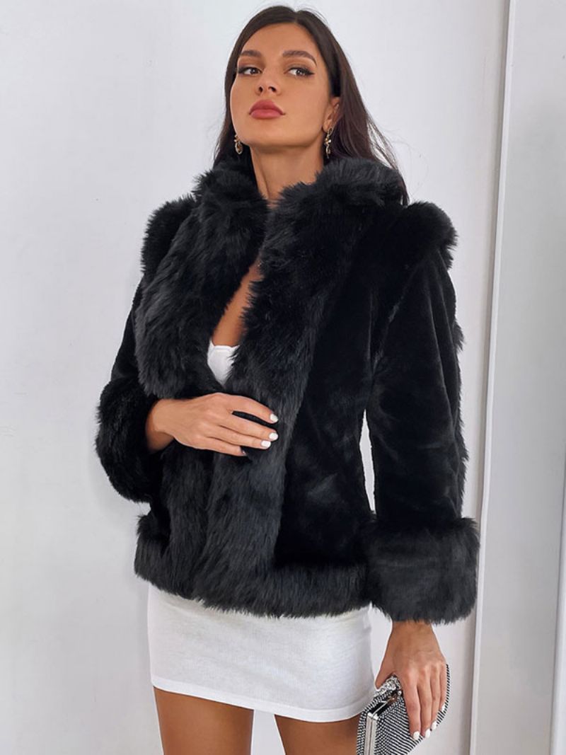 Faux Fur Coats Stand Krave Sort Vinter Overtøj Til Damer - Sort