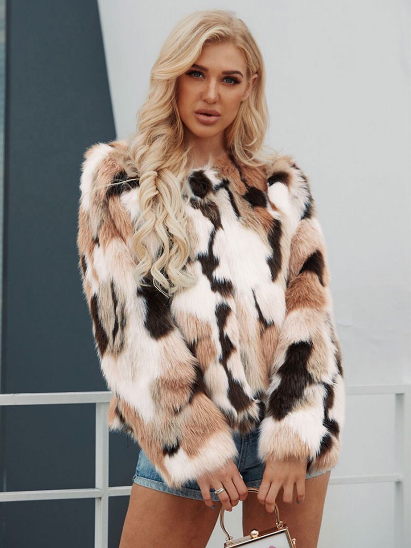 Faux Fur Coats Tofarvede Kvinder Vinter Ydertøj - Kaffe Brun