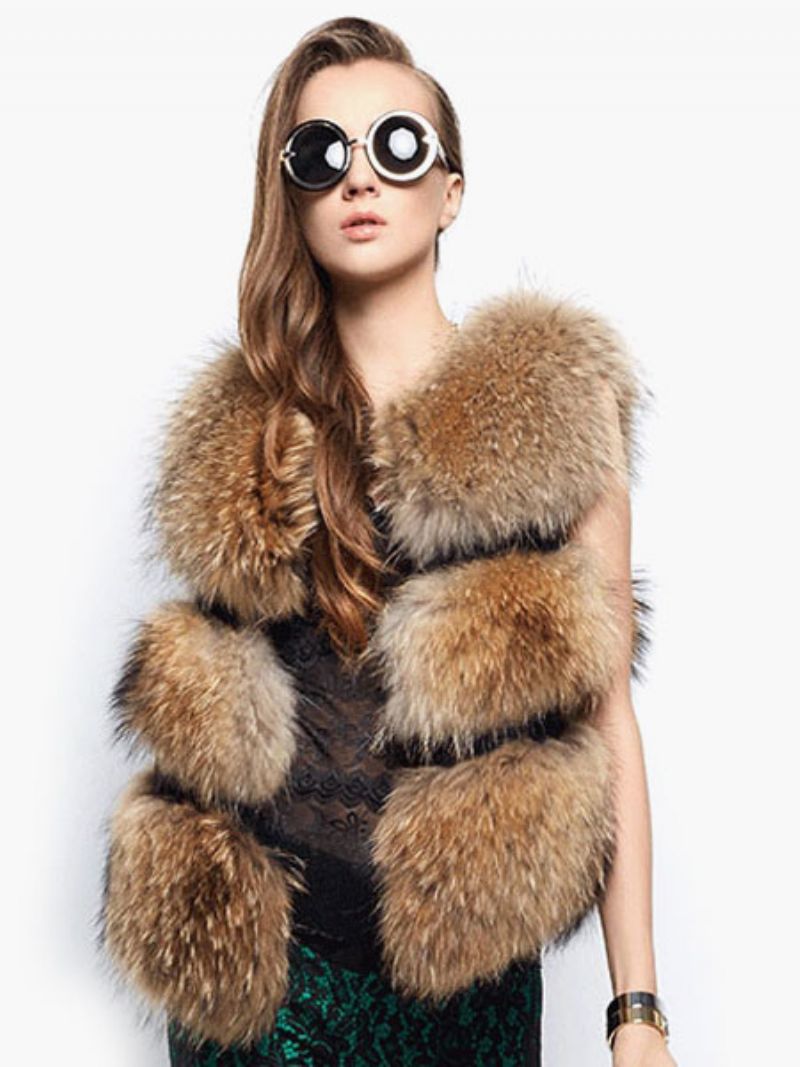 Faux Fur Vest Dame Camel Coat Ærmeløs Jacket