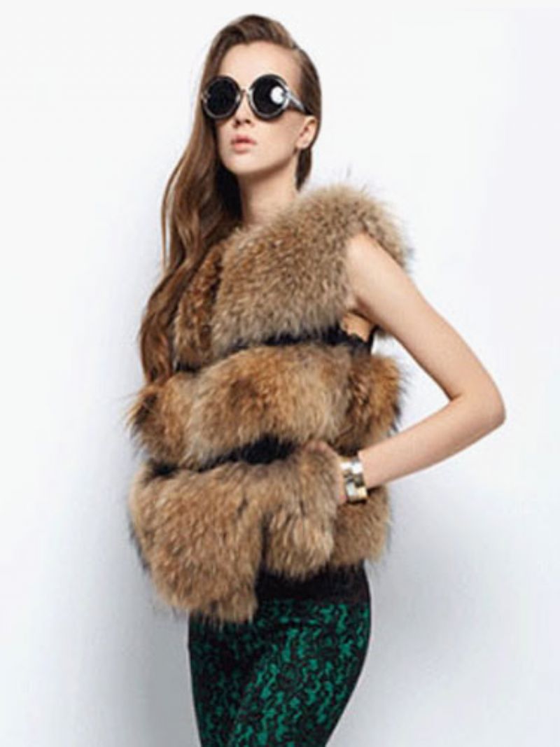 Faux Fur Vest Dame Camel Coat Ærmeløs Jacket - Kamel