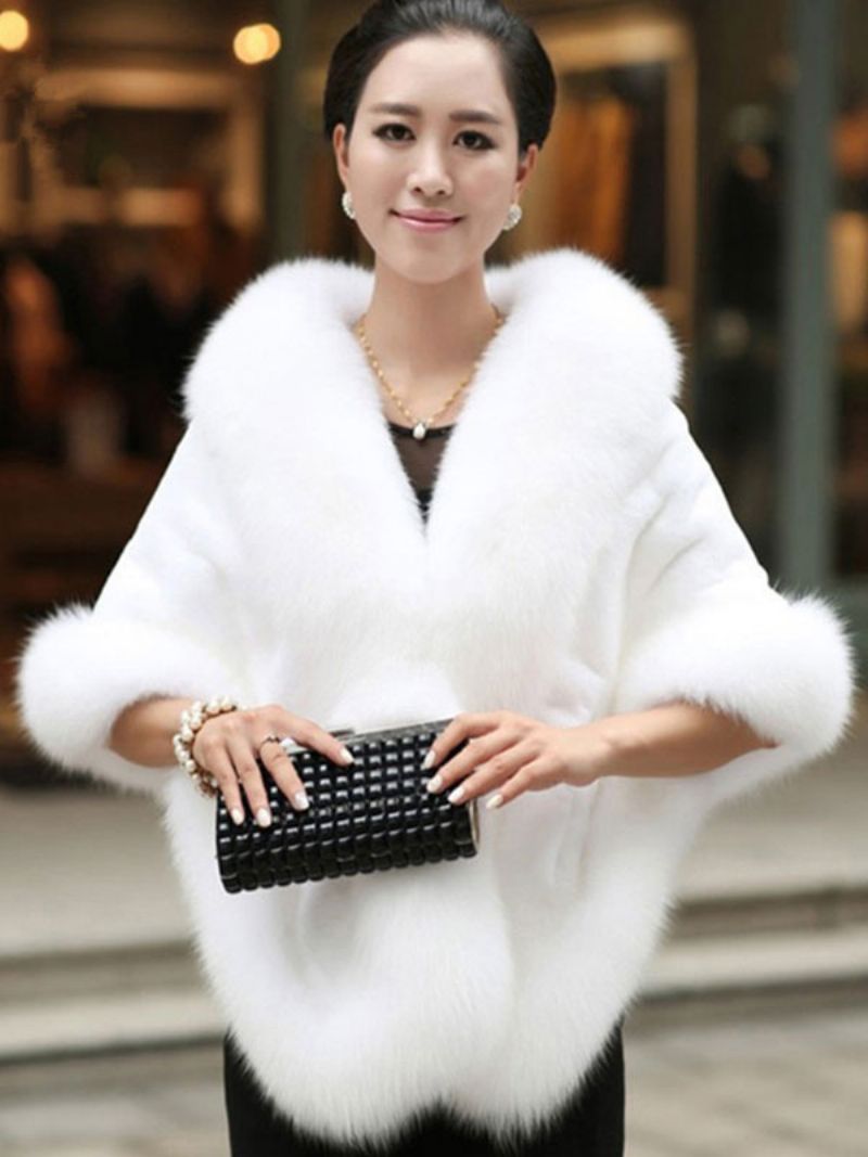 Faux Fur Wrap Sjal Hvid Poncho Dame Vinter Cape Coat