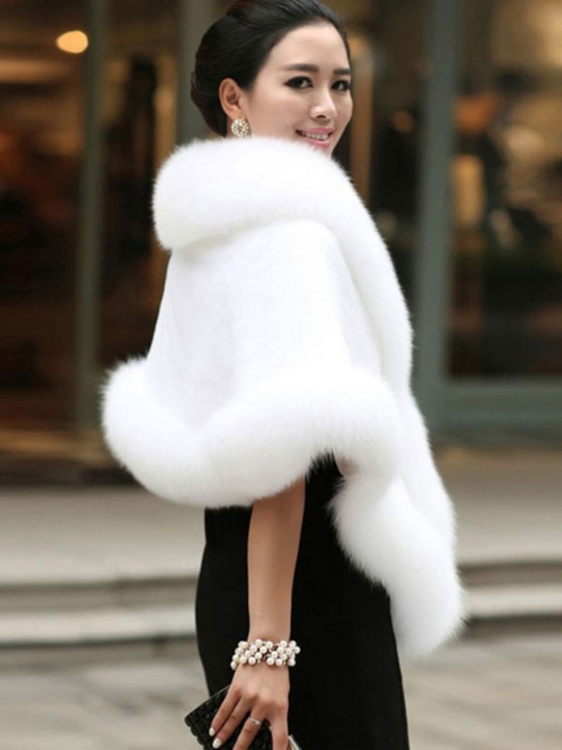 Faux Fur Wrap Sjal Hvid Poncho Dame Vinter Cape Coat - Hvid