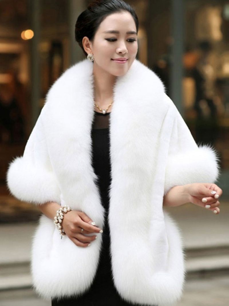 Faux Fur Wrap Sjal Hvid Poncho Dame Vinter Cape Coat - Hvid