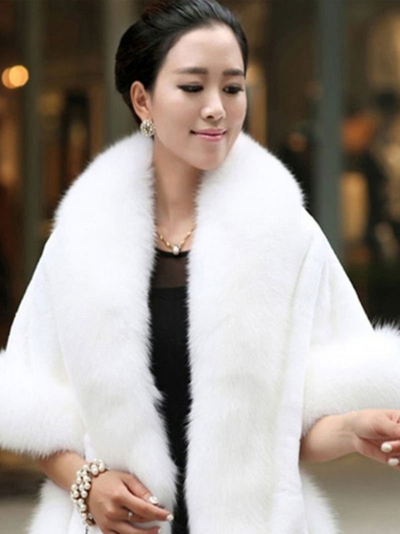 Faux Fur Wrap Sjal Hvid Poncho Dame Vinter Cape Coat - Hvid