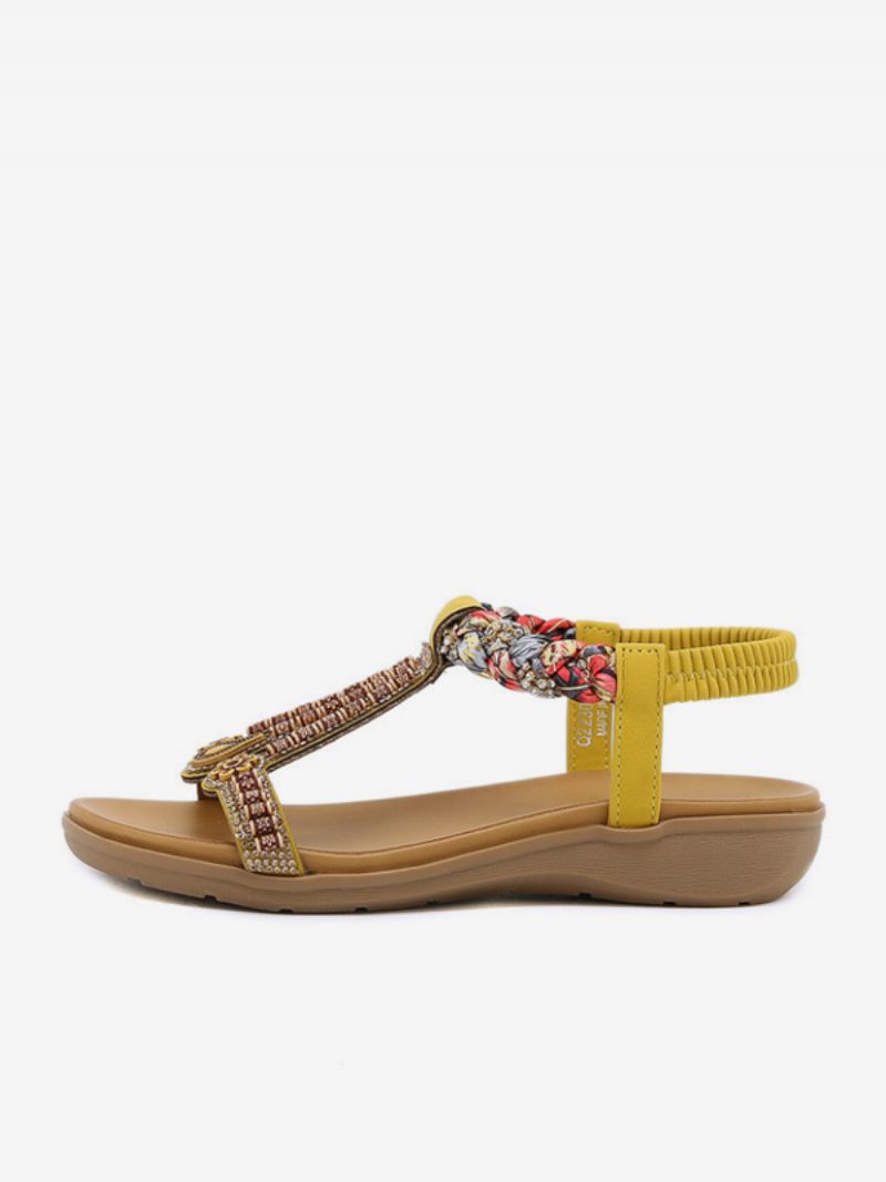 Flad Sandal Til Kvinder Åben Tå Pu-læder Nitteret T-strop Casual Hjemmesko Sandaler - Gul