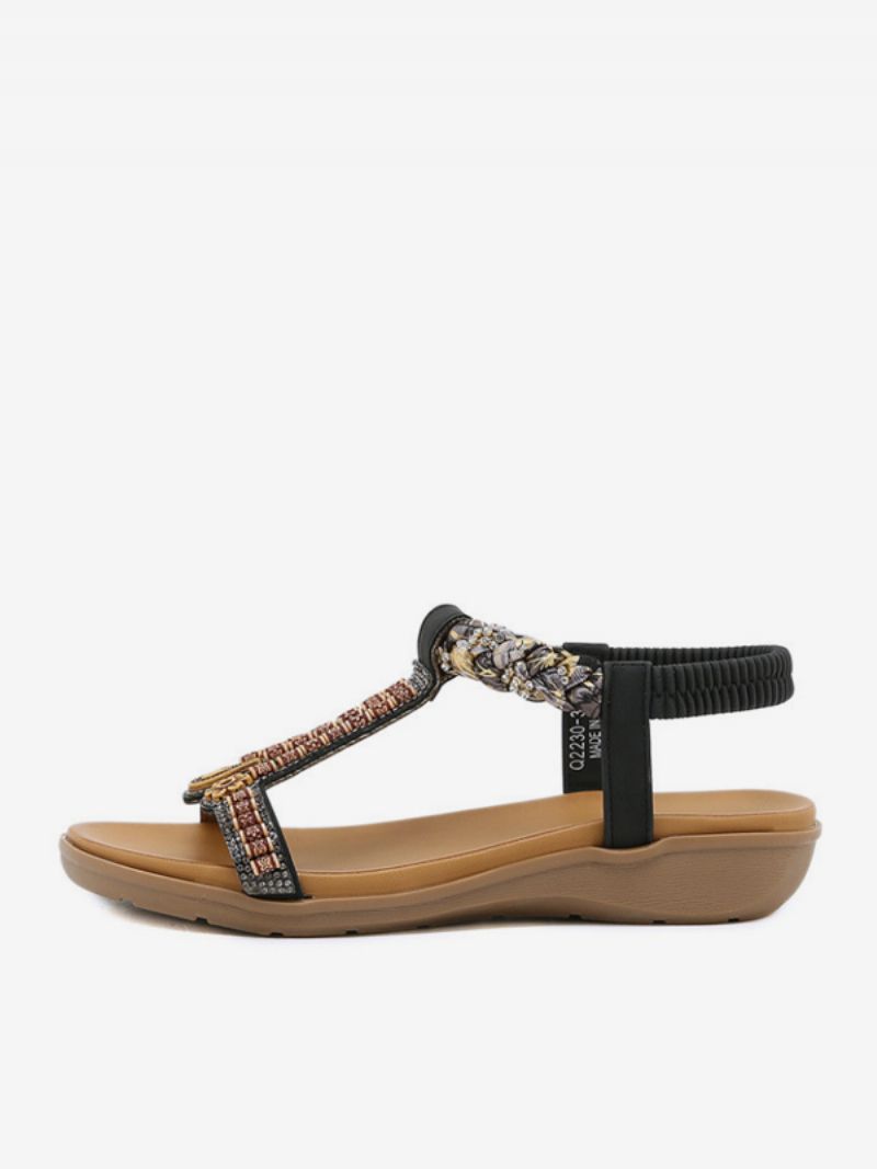 Flad Sandal Til Kvinder Åben Tå Pu-læder Nitteret T-strop Casual Hjemmesko Sandaler - Sort