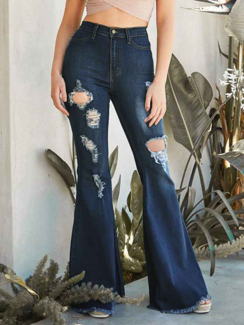 Flare Jeans Raw Edge Ripped High Rise Bell Bottoms Til Kvinder