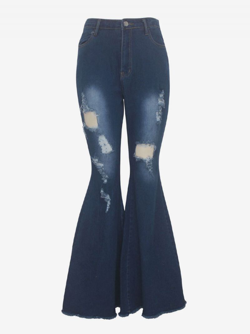 Flare Jeans Raw Edge Ripped High Rise Bell Bottoms Til Kvinder - Dyb Blå