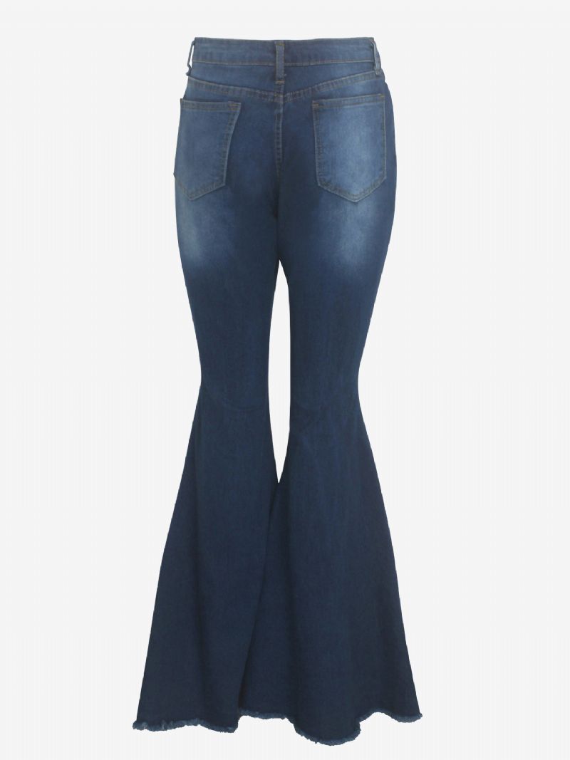 Flare Jeans Raw Edge Ripped High Rise Bell Bottoms Til Kvinder - Dyb Blå