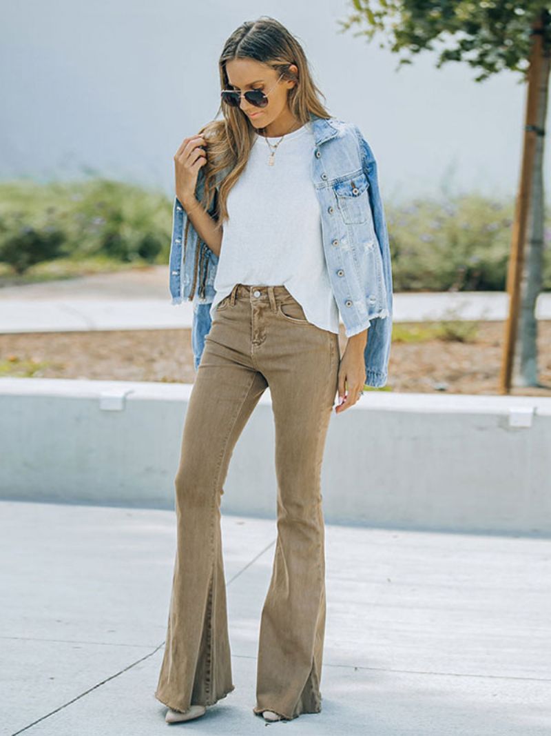 Flare Jeans Til Kvinder Camel Bomuld Spring Bell Bottoms - Kamel