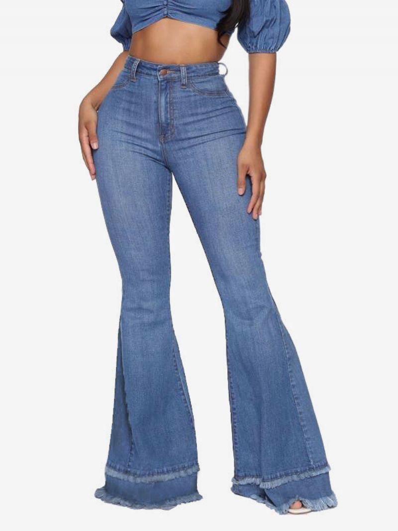 Flare Jeans Til Kvinder Raw Edge Bomuld Spring Bell Bottoms - Blå