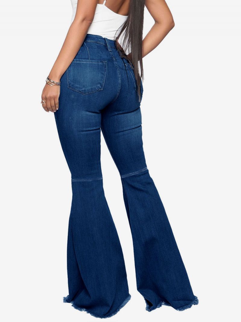 Flare Jeans Til Kvinder Raw Edge High Rise Bell Bottoms - Dybblå