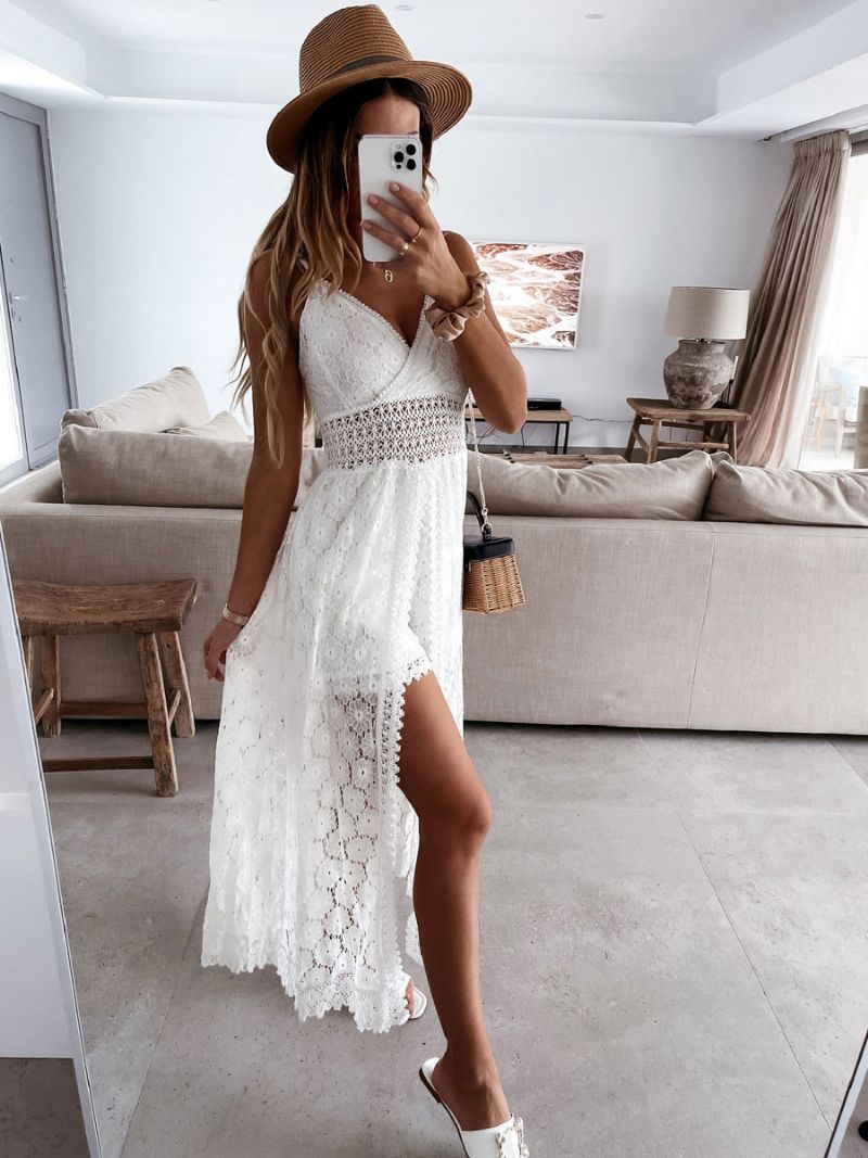 Fødselsdag Blonde Boho Kjole Stropper V Neck Hvid Sommer Lang Romper Til Damer - Hvid