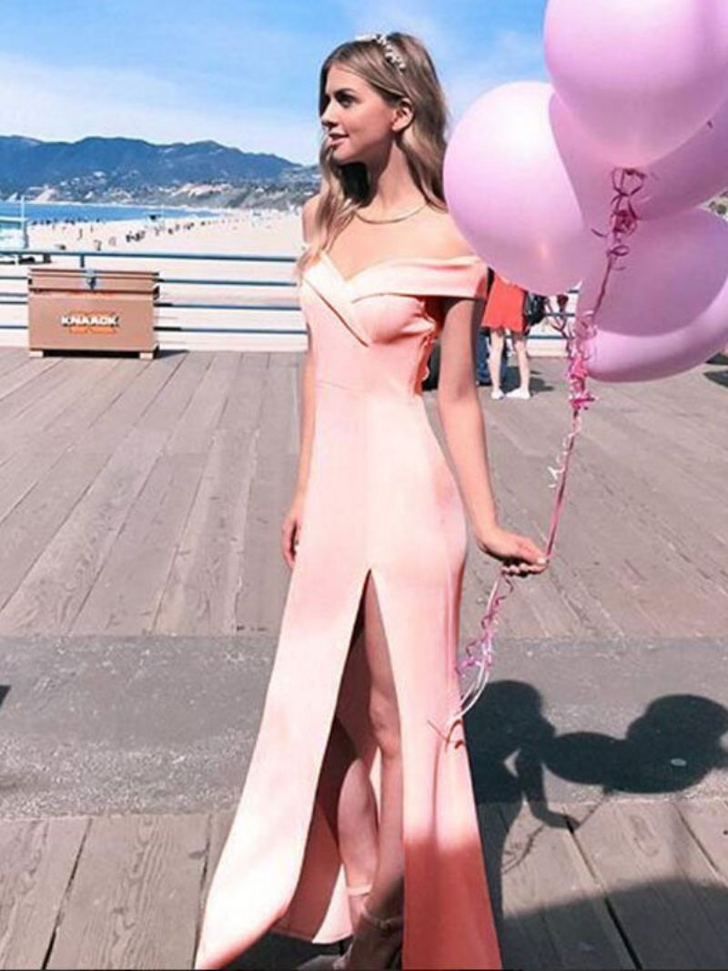 Fødselsdag Maxi Kjole Off Shoulder Split Pink Dame Lang Gallakjole - Pink