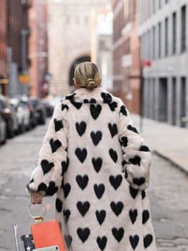 Fuzzy Overcoat Collared Heart Printed Longline Faux Fur Kvinder Overtøj - Hvid