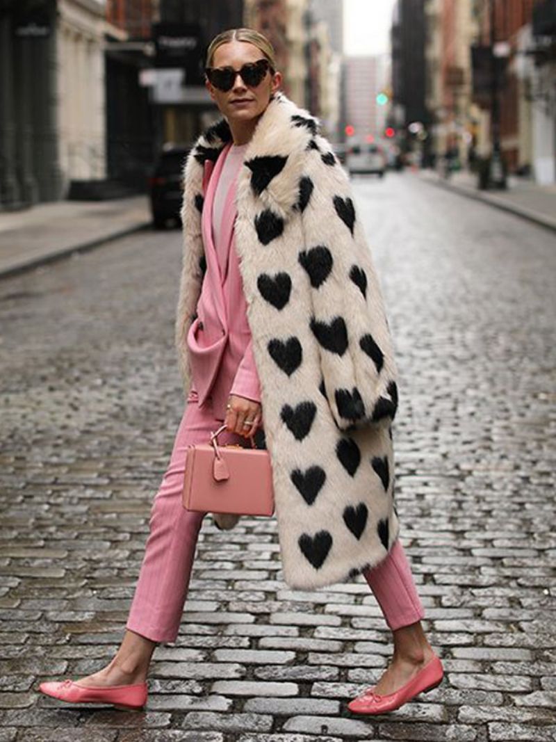 Fuzzy Overcoat Collared Heart Printed Longline Faux Fur Kvinder Overtøj - Hvid