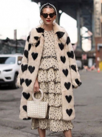 Fuzzy Overcoat Collared Heart Printed Longline Faux Fur Kvinder Overtøj