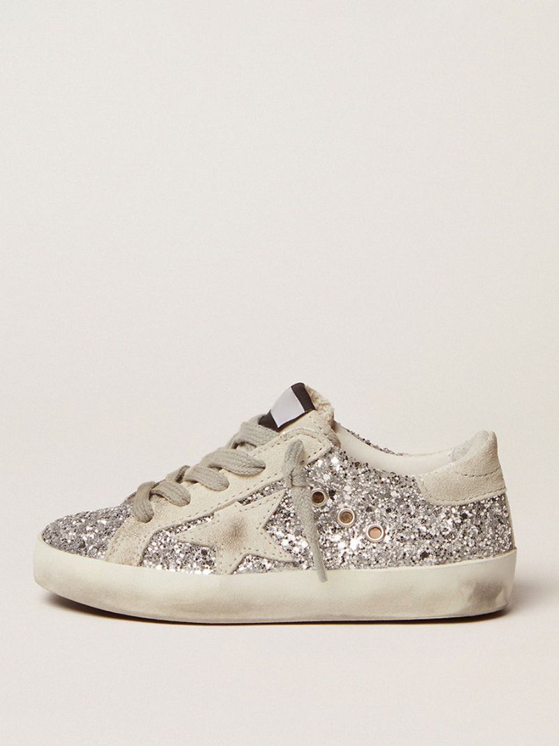 Glitter Børnesneakers Sølvstjernemønster Snøresko Skate-sneakers