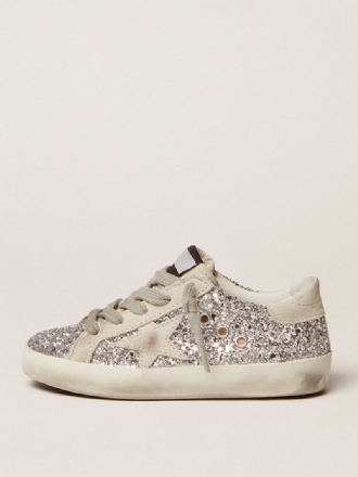 Glitter Børnesneakers Sølvstjernemønster Snøresko Skate-sneakers