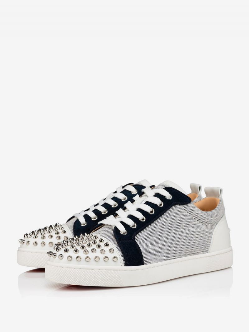 Glitter Skate Sko Mænd Ecru Hvid Kohud Rund Toe Snøre Spike Sneakers Prom Festsko