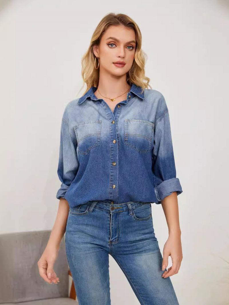 Gradient Denimbluse Med Lange Ærmer Knapper Busniess Casual Dametop