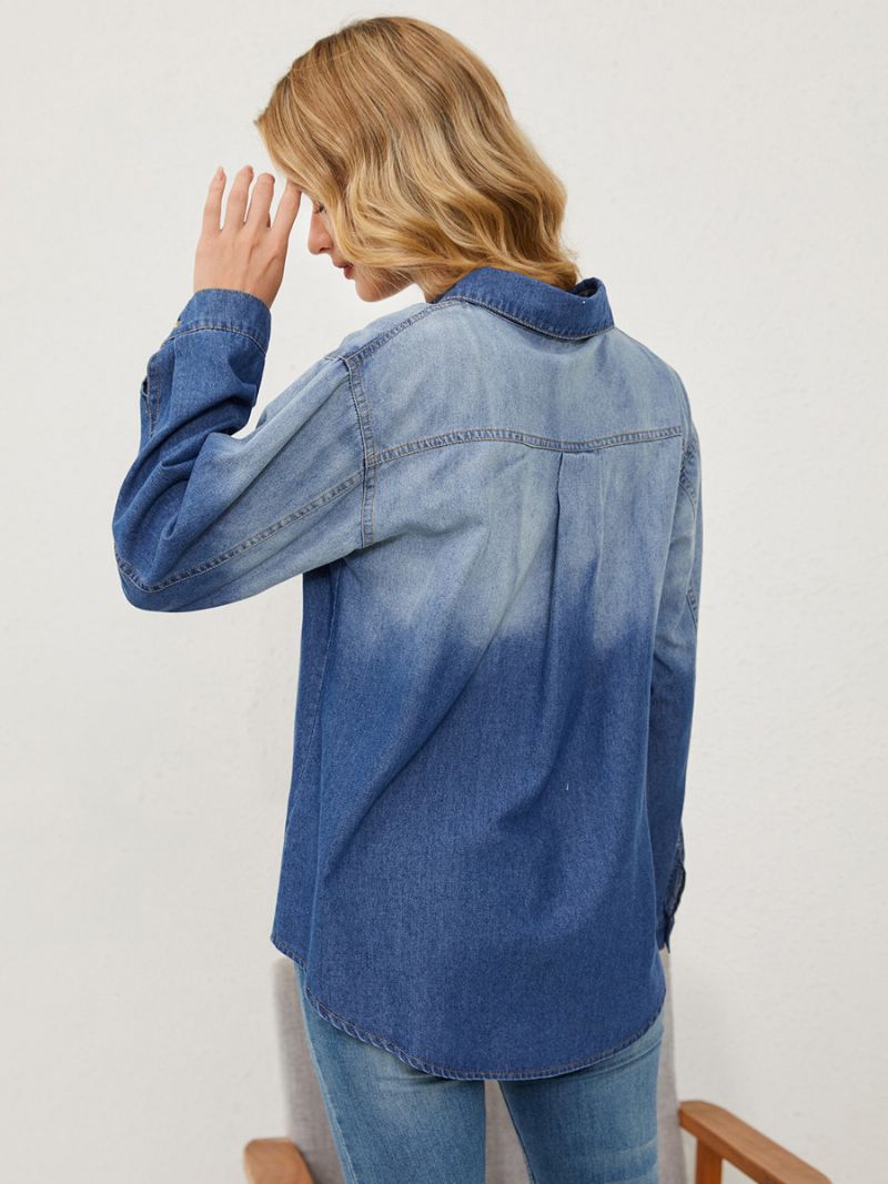 Gradient Denimbluse Med Lange Ærmer Knapper Busniess Casual Dametop - Blå