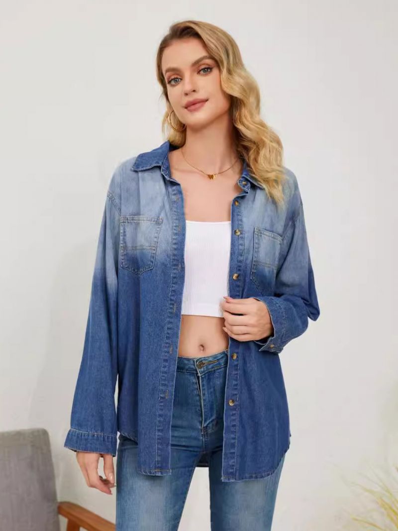 Gradient Denimbluse Med Lange Ærmer Knapper Busniess Casual Dametop - Blå