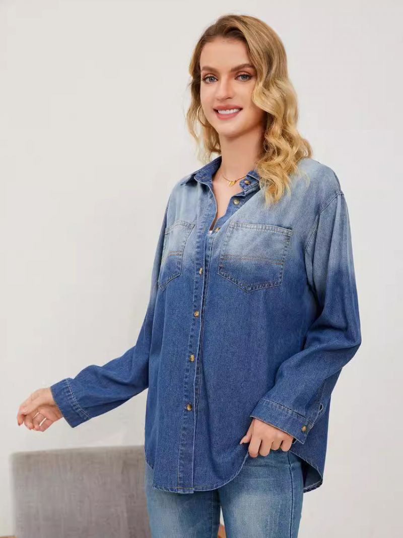 Gradient Denimbluse Med Lange Ærmer Knapper Busniess Casual Dametop - Blå