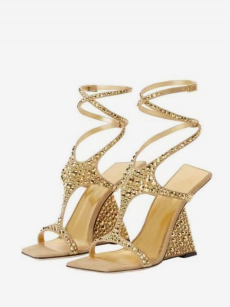 Guld Gallasko Kvinder Rhinestones Strappy Kilehæl Sandal Sko