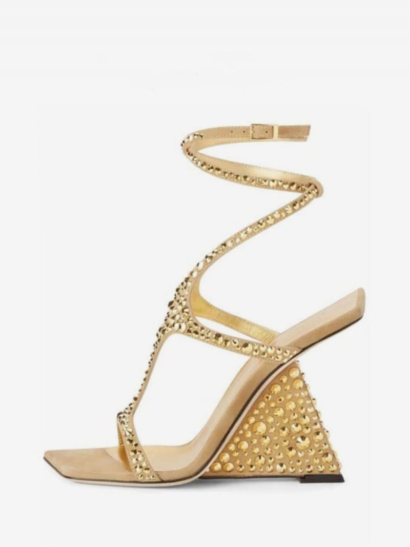 Guld Gallasko Kvinder Rhinestones Strappy Kilehæl Sandal Sko - Guld