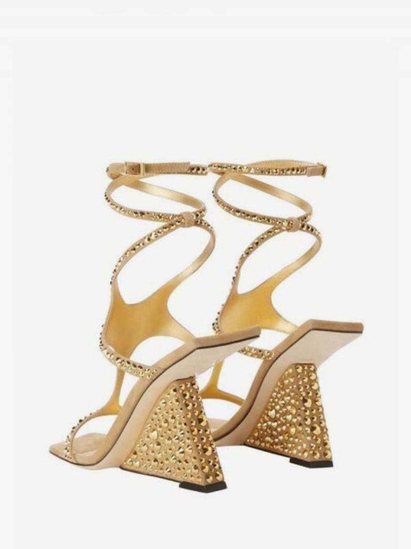 Guld Gallasko Kvinder Rhinestones Strappy Kilehæl Sandal Sko - Guld