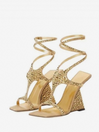 Guld Gallasko Kvinder Rhinestones Strappy Kilehæl Sandal Sko