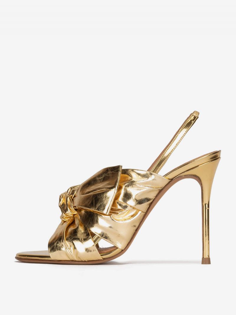 Guldballsko Til Kvinder Højhælede Sandaler Metalisk Pu-læder Åben Tå Knudrede Slingback-festsko - Guld