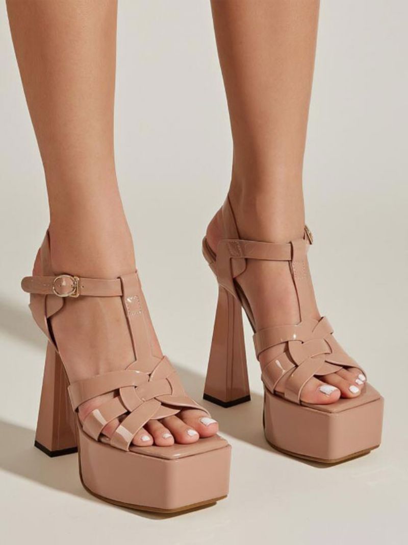 Hælsandaler Til Kvinder Sorte Sandaler Med Åben Tå Chunky Heel Pu-læder-strappy Sandalsko - Lysegul