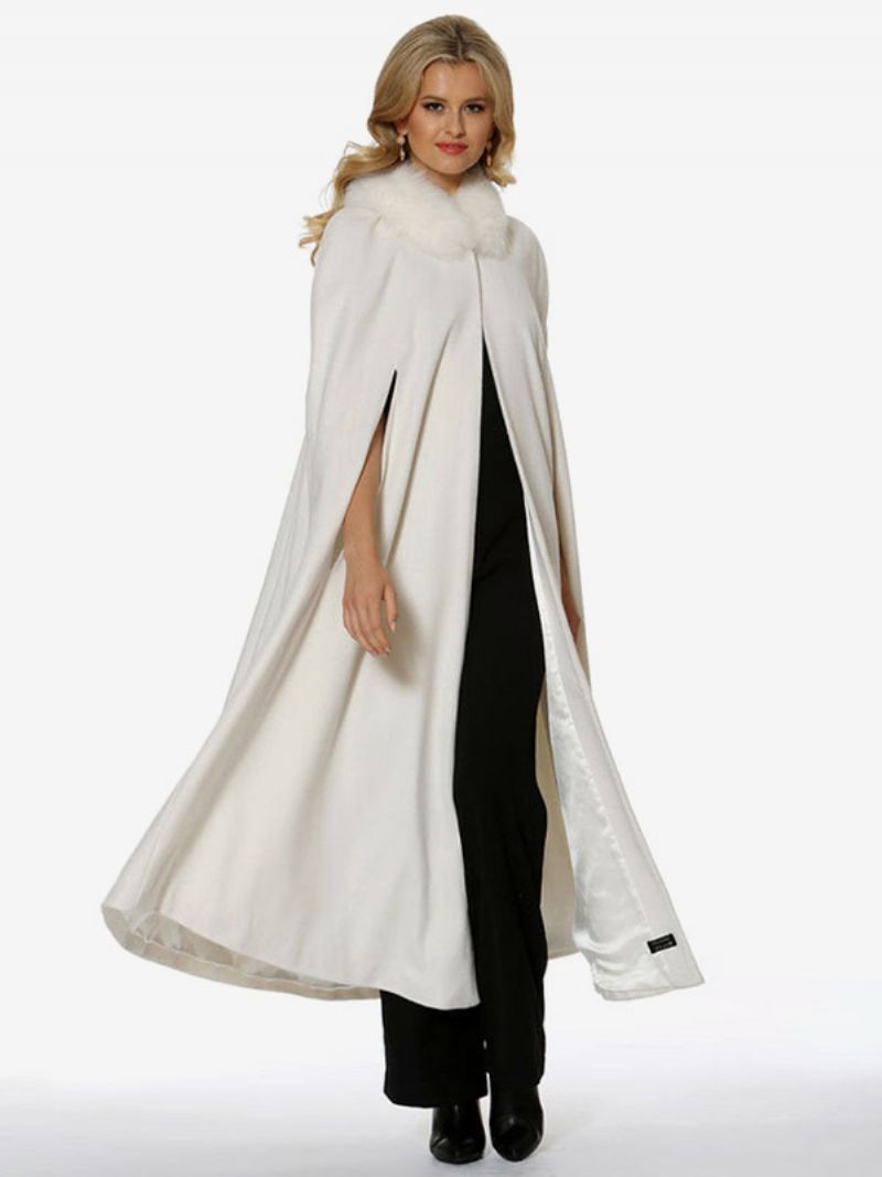 Hætte Poncho Til Kvinder Ivory Oversized Faux Fur Cape Overtøj - Elfenben