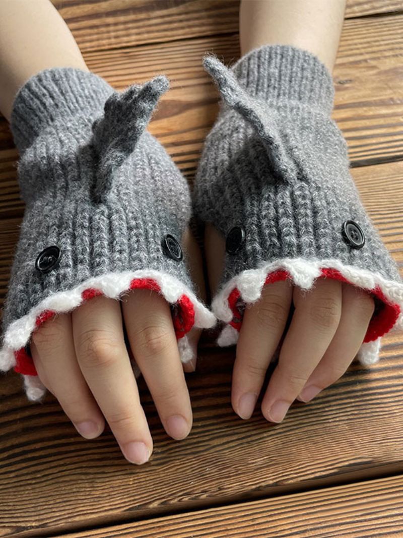 Handsker Til Kvinder Animal Print Hæklet Shark Shape Fingerless Home Wear Winter Warm Cute Acc - Grå