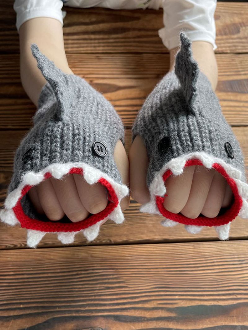 Handsker Til Kvinder Animal Print Hæklet Shark Shape Fingerless Home Wear Winter Warm Cute Acc - Grå