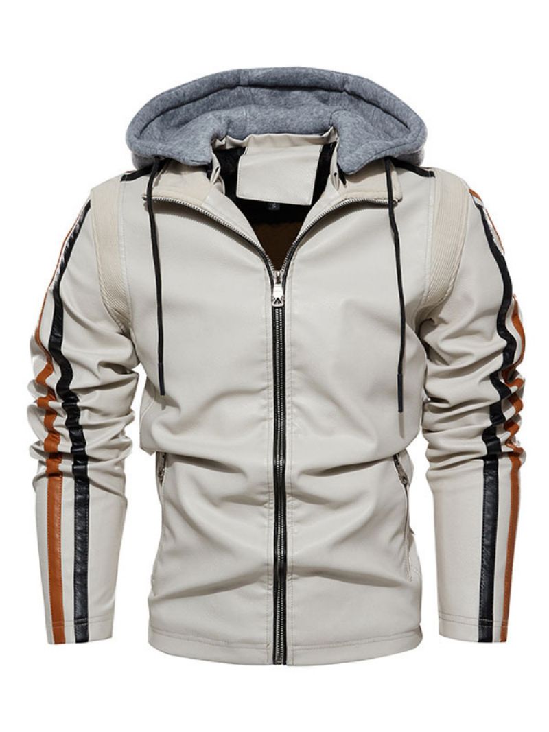 Herre Læderjakke Comfy Layered Lynlås Color Block Smart Moto Winter Ecru White