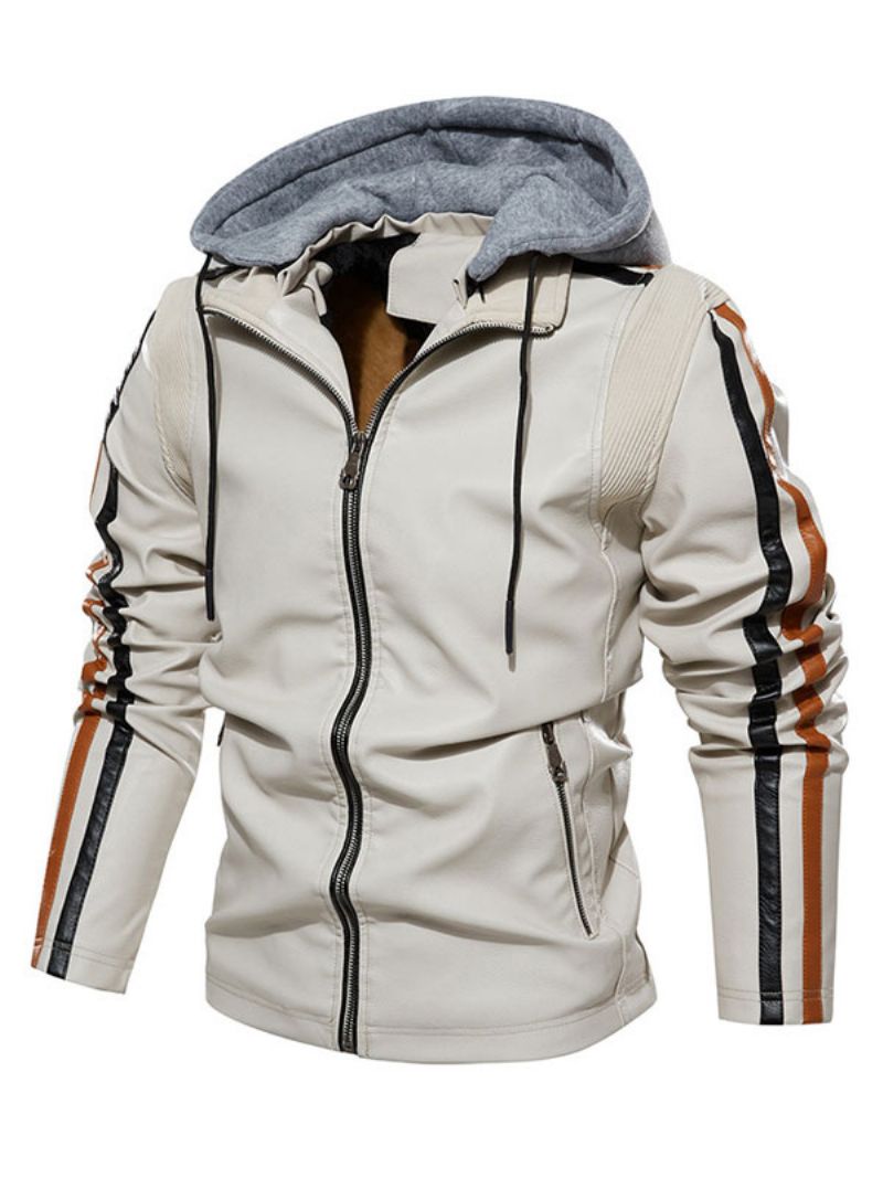 Herre Læderjakke Comfy Layered Lynlås Color Block Smart Moto Winter Ecru White - Beige