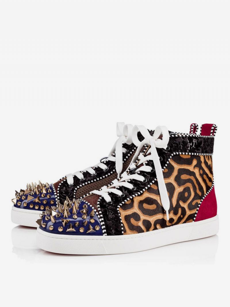 Herre Leopardprint Til Mænd Med Rund Tå Snørebånd Høje Sneakers Nitter