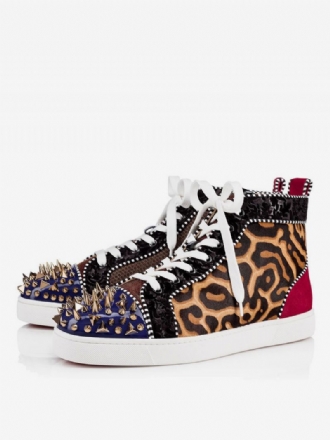 Herre Leopardprint Til Mænd Med Rund Tå Snørebånd Høje Sneakers Nitter