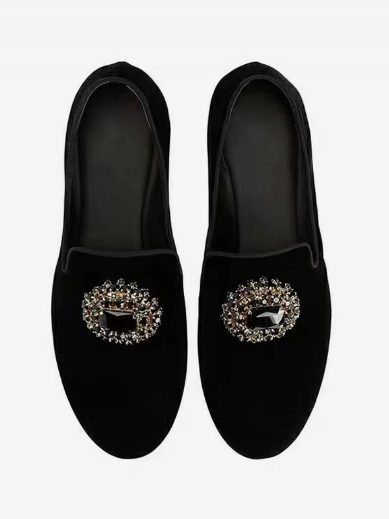 Herre Ruskind Loafer Til Mænd Sort Rhinsten-udsmykket Slip On Dress Sko Prom Party Bryllupssko - Sort