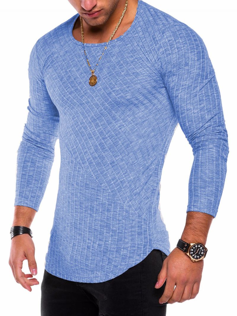 Herre T-shirts Casual Jewel Neck Lange Ærmer - Lys Himmelblå